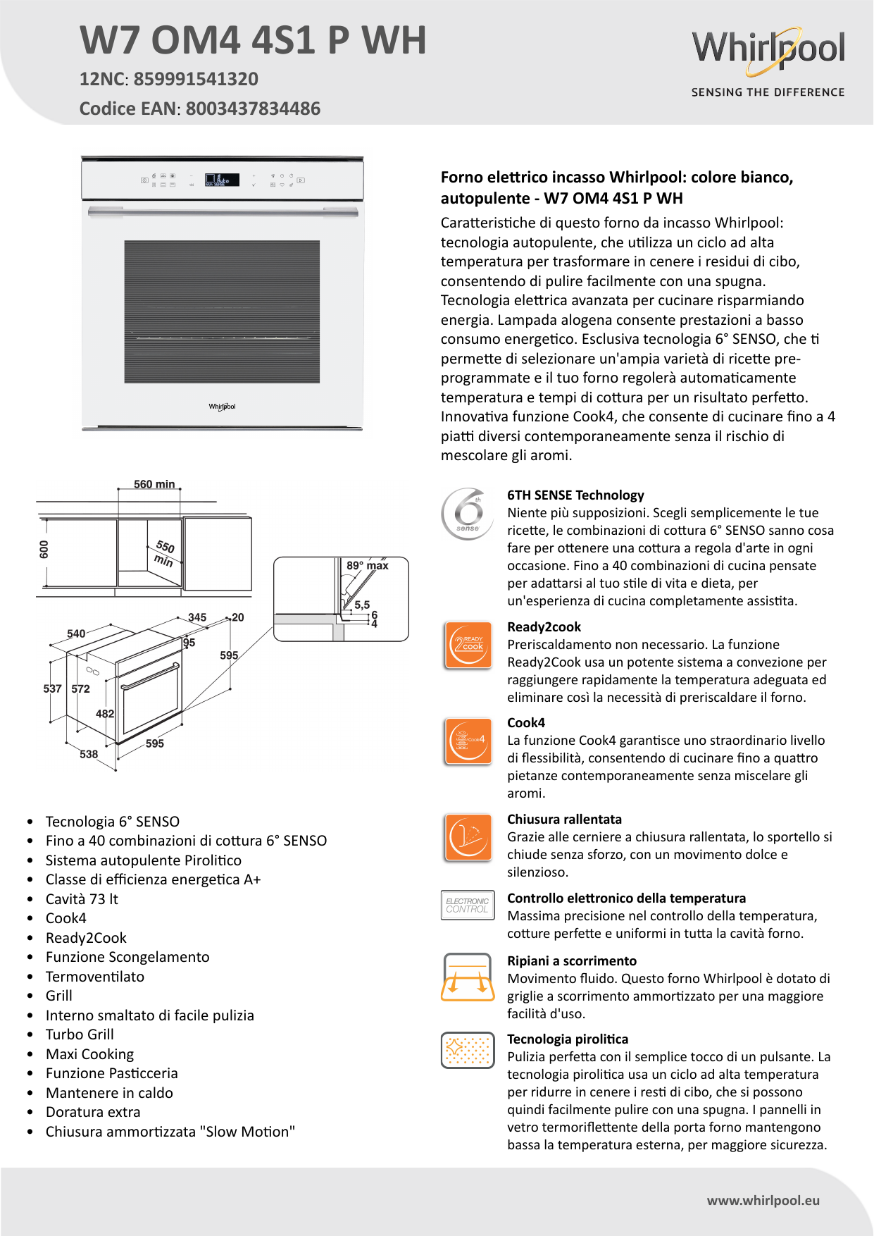 Whirlpool W7 OM4 4S1 P WH Product data sheet | Manualzz
