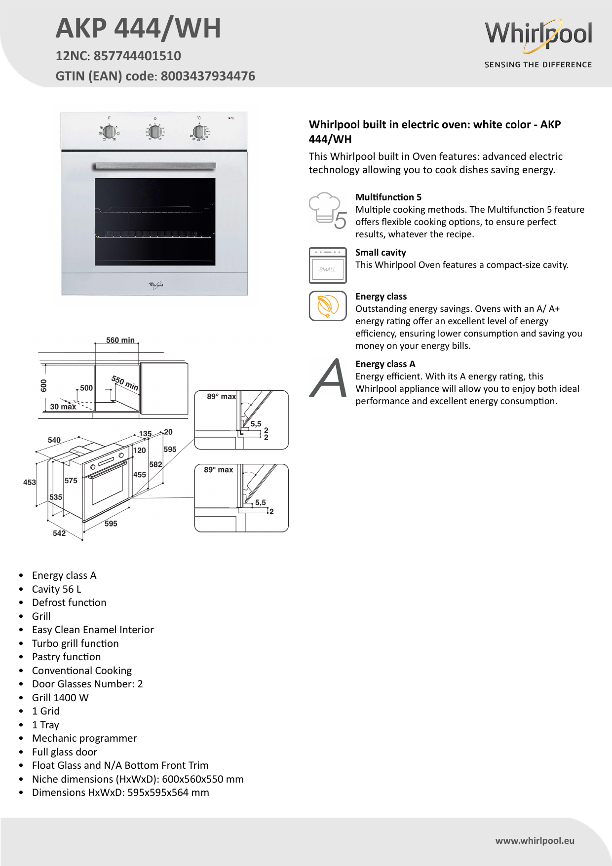 Whirlpool AKP 444/WH Oven Product Data Sheet | Manualzz