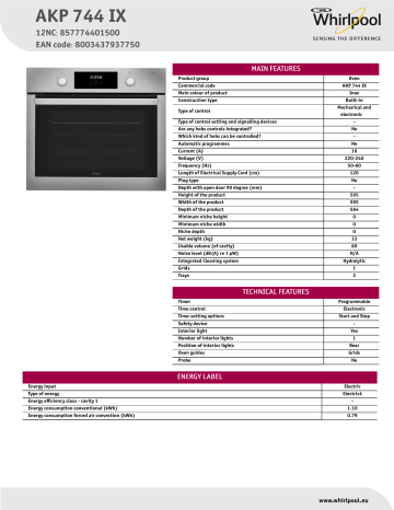Whirlpool AKP 744 IX Product data sheet | Manualzz