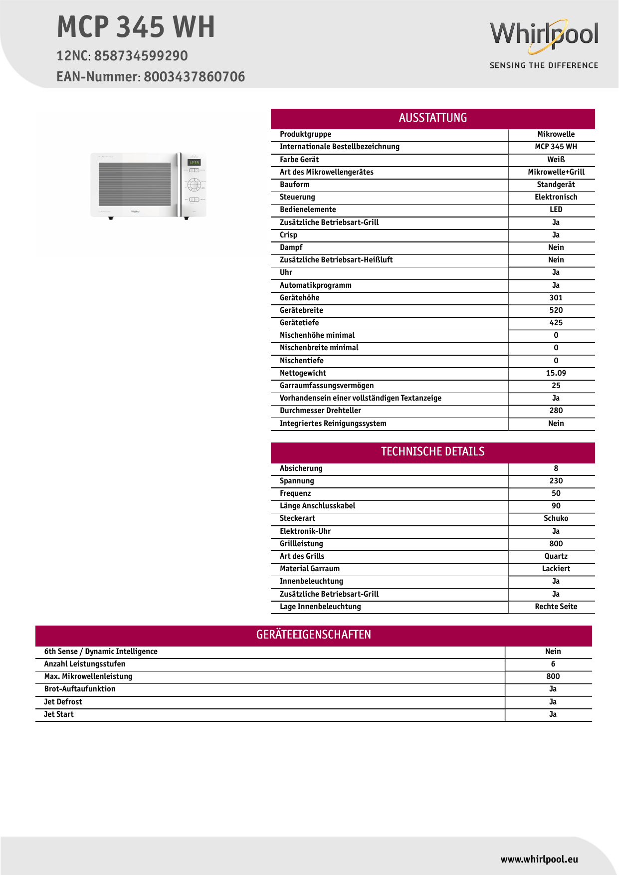 Whirlpool MCP 345 WH Product data sheet | Manualzz