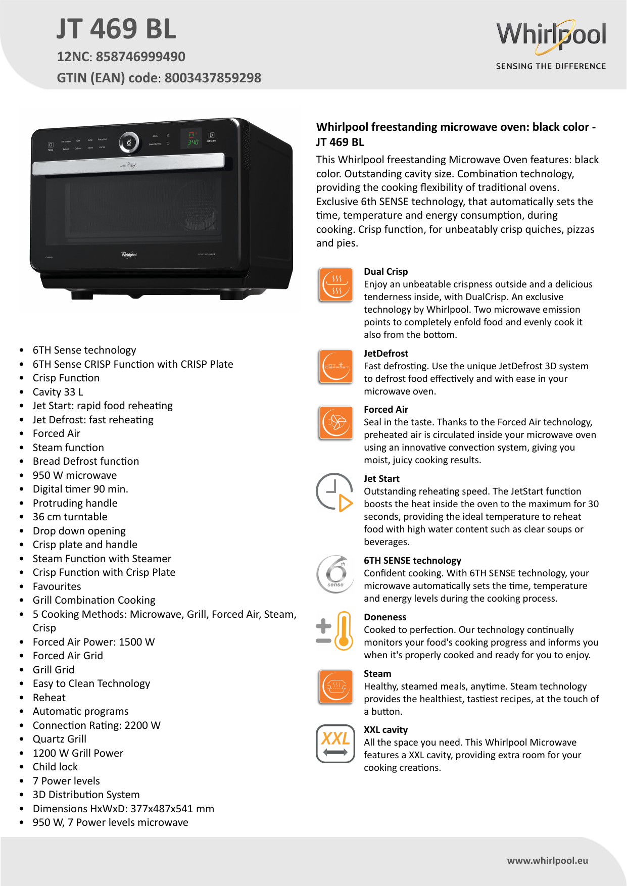 Whirlpool JT 469 BL Product data sheet | Manualzz