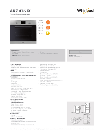 Whirlpool AKZ 476/IX Product Data Sheet | Manualzz