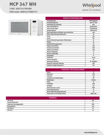 Whirlpool MCP 347 WH Product data sheet | Manualzz