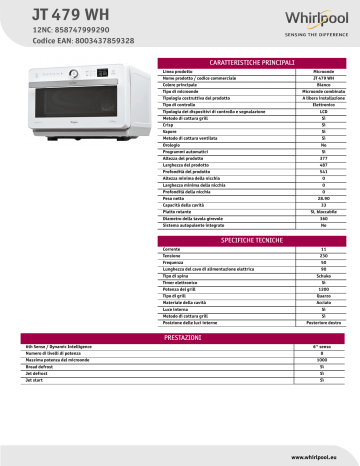 Whirlpool JT 479 WH Microwave Product Data Sheet | Manualzz