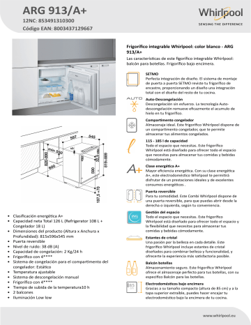 Whirlpool ARG 913/A+ Product data sheet | Manualzz