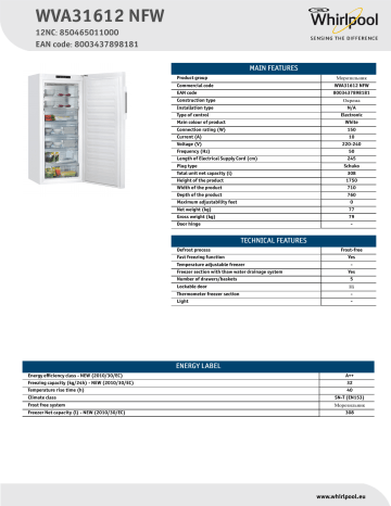 Whirlpool WVA31612 NFW Freezer Product Data Sheet | Manualzz