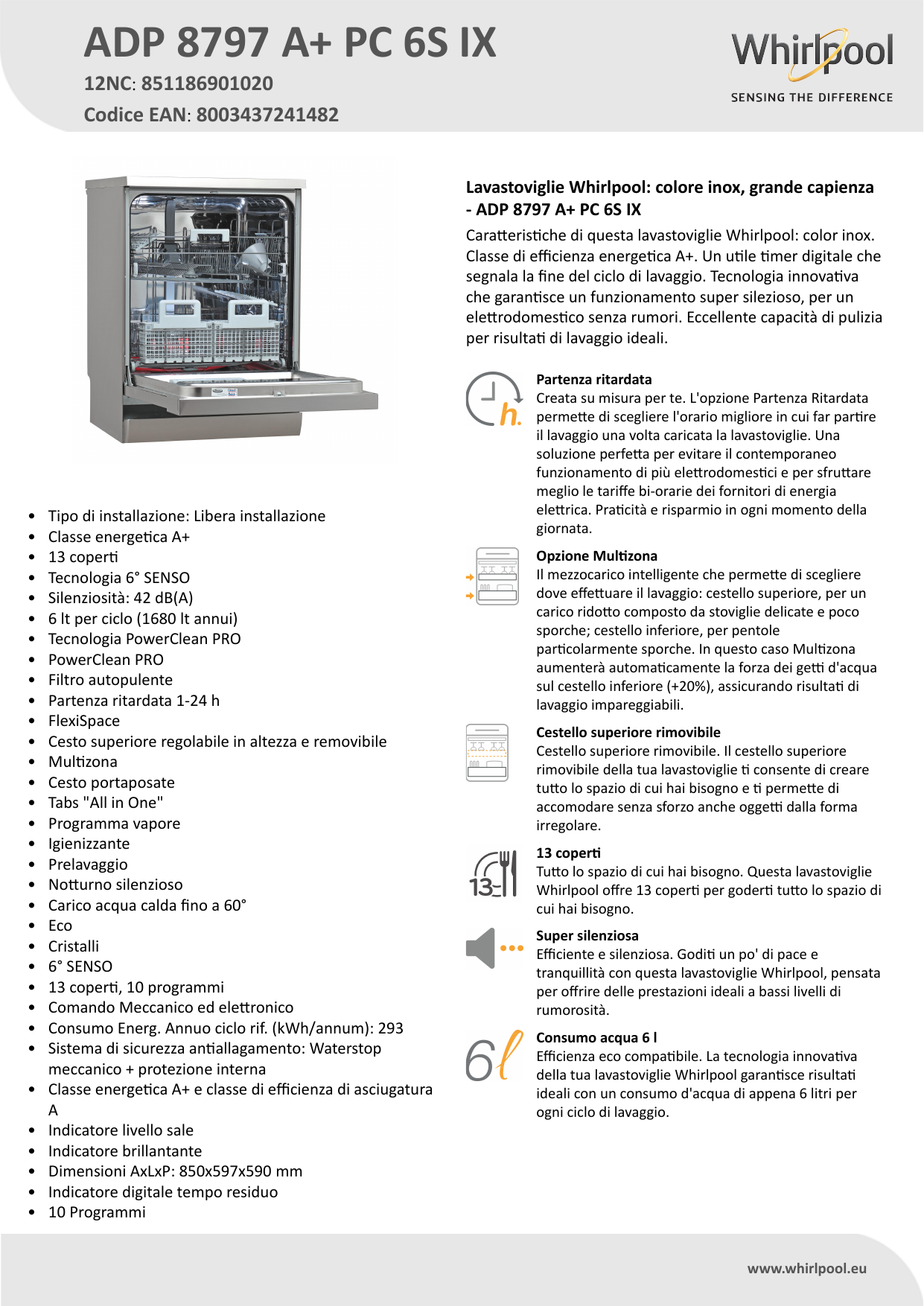 Whirlpool ADP 8797 A+ PC 6S IX Dishwasher Product Data Sheet | Manualzz