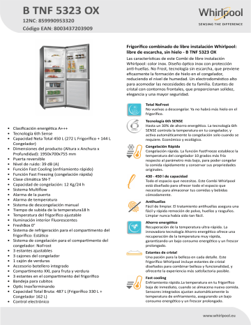 Whirlpool B TNF 5323 OX Product Data Sheet | Manualzz