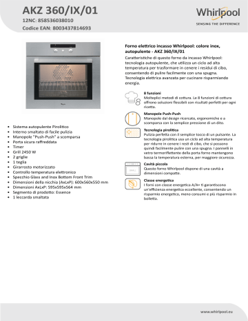 Whirlpool AKZ 360/IX/01 Oven Product Data Sheet | Manualzz