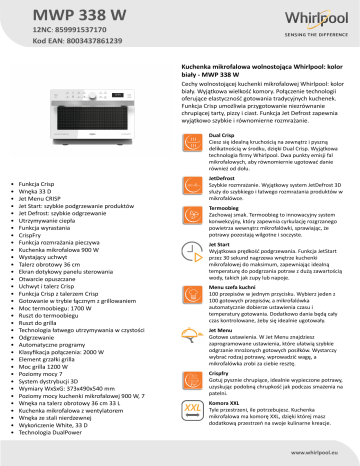 Whirlpool MWP 338 W Product Data Sheet | Manualzz