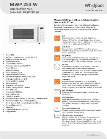Whirlpool MWP 253 W Product data sheet | Manualzz
