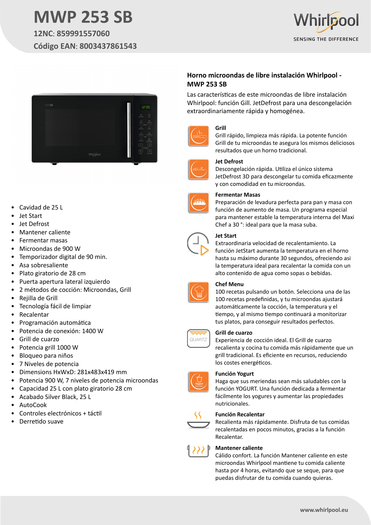 Horno de Microondas Whirlpool 0.7 Pies WM1807B 0.7 Negro | Coppel