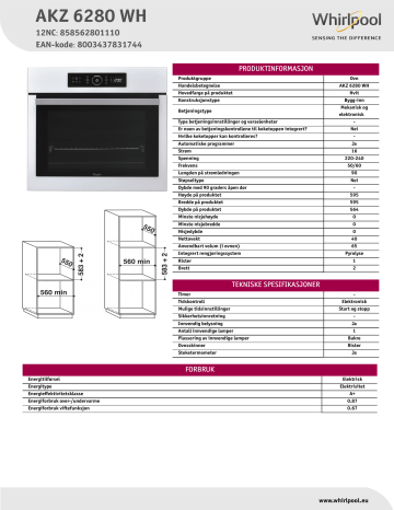 Whirlpool AKZ 6280 WH Product Data Sheet | Manualzz