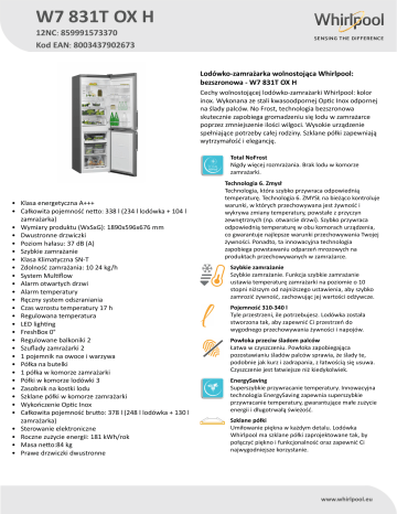 Whirlpool W7 831T OX H Product data sheet | Manualzz