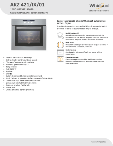 Whirlpool AKZ 421/IX/01 Oven Product Data Sheet | Manualzz