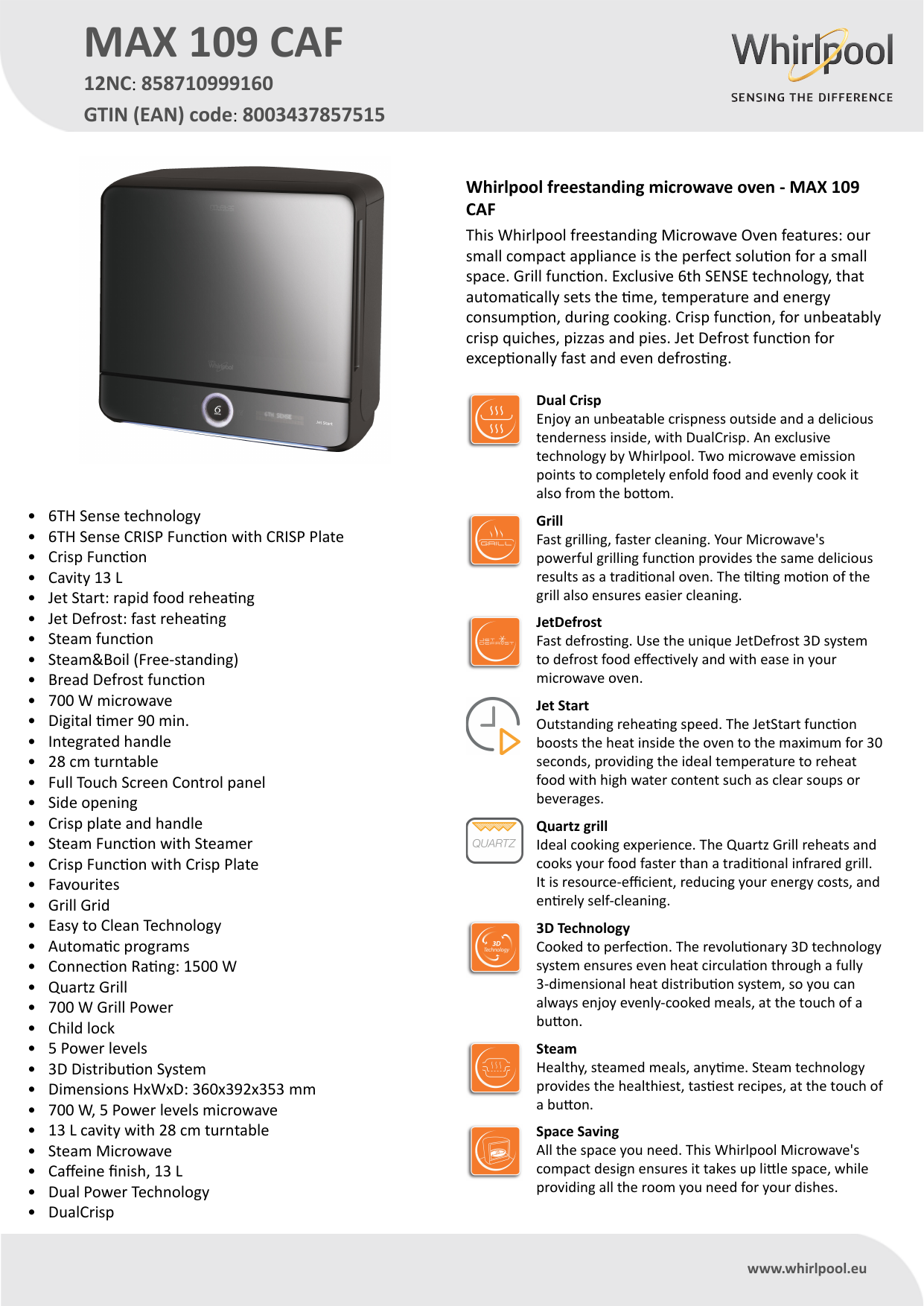 Whirlpool MAX 109 CAF Microwave Product Data Sheet | Manualzz