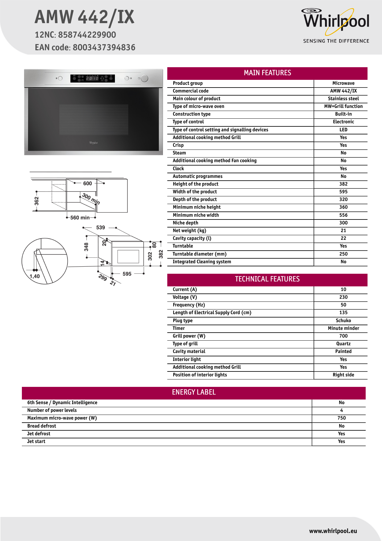 Whirlpool AMW 442/IX Product data sheet | Manualzz