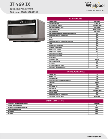 Whirlpool JT 469 IX Microwave Product Data Sheet | Manualzz