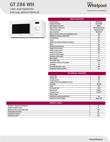 Whirlpool GT 286 WH Microwave Product Data Sheet | Manualzz