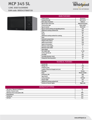 Whirlpool MCP 345 SL Product data sheet | Manualzz