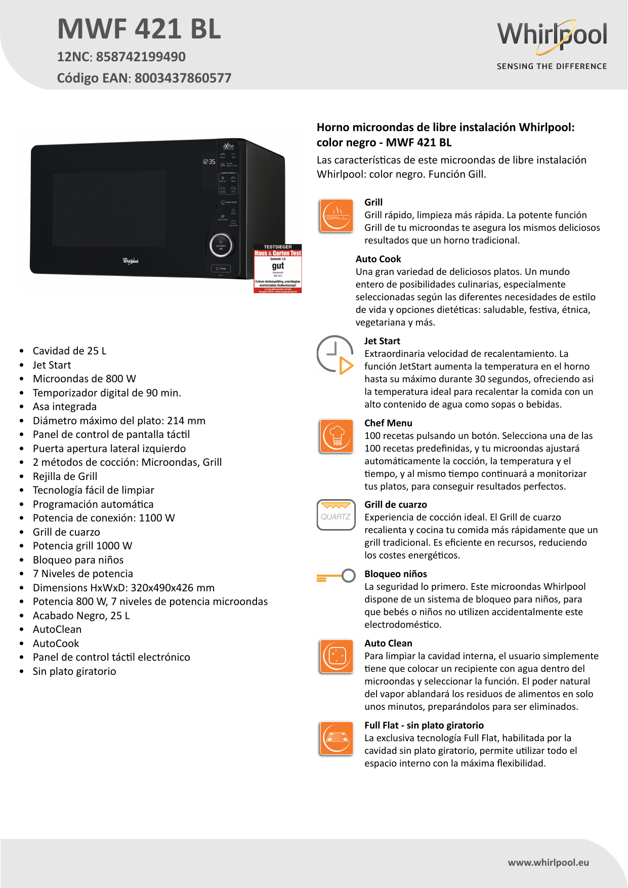 Whirlpool MWF 421 BL Product data sheet | Manualzz