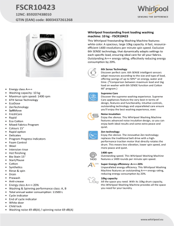 Whirlpool FSCR10423 Washing machine Product Data Sheet | Manualzz