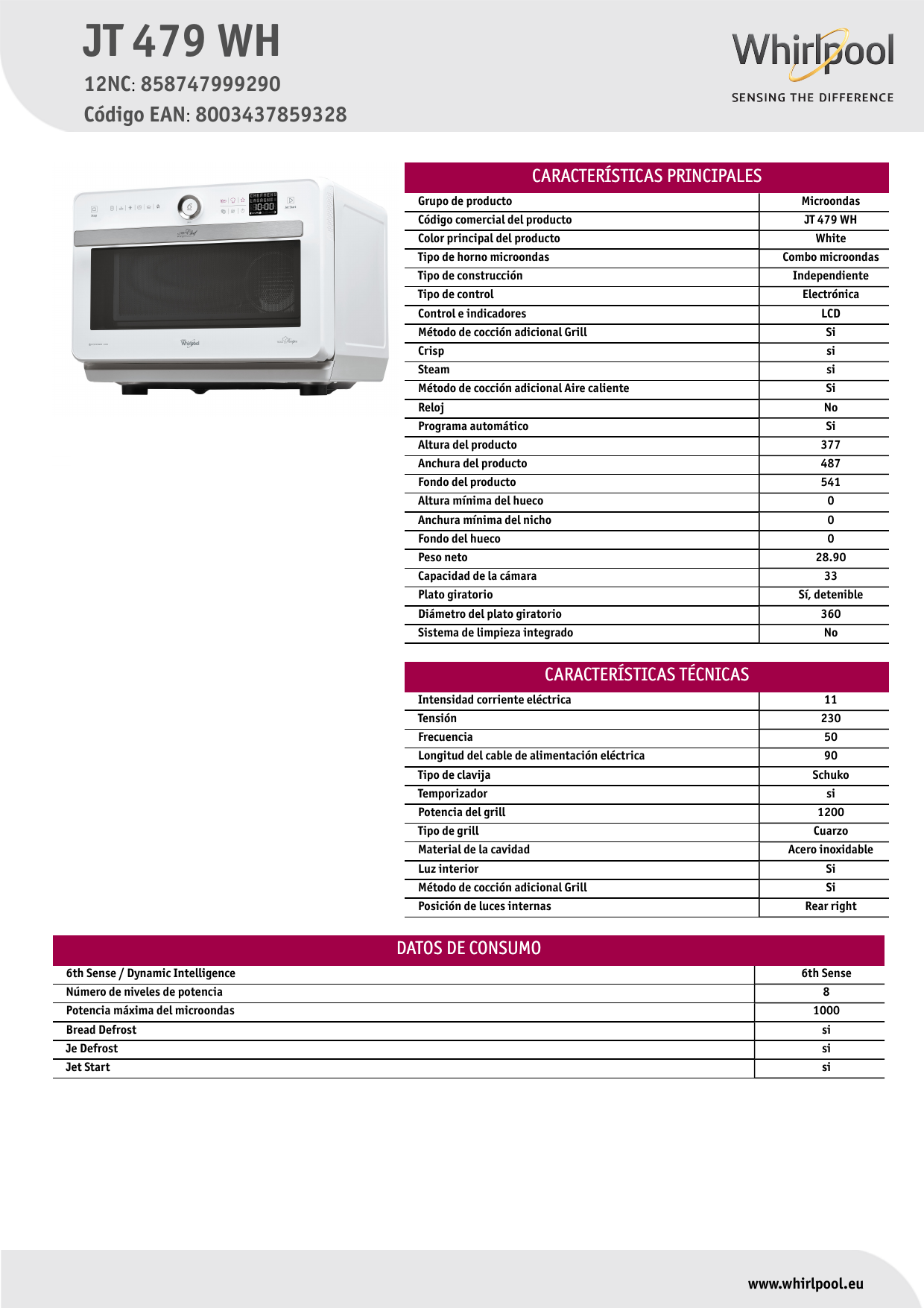 Whirlpool JT 479 WH Microwave Product Data Sheet | Manualzz