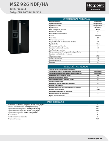 HOTPOINT/ARISTON MSZ 926 NDF/HA Side-by-Side Product Data Sheet | Manualzz