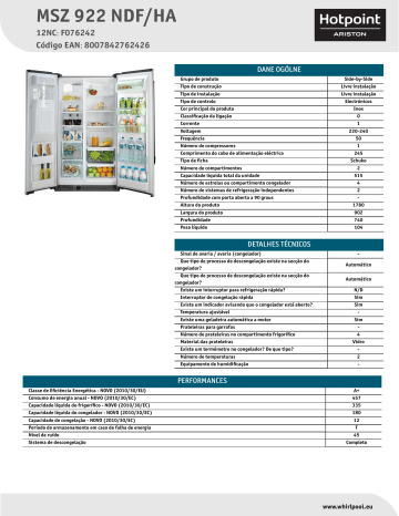 HOTPOINT/ARISTON MSZ 922 NDF/HA Side-by-Side Product Data Sheet | Manualzz