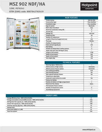 HOTPOINT/ARISTON MSZ 902 NDF/HA Side-by-Side Product Data Sheet | Manualzz