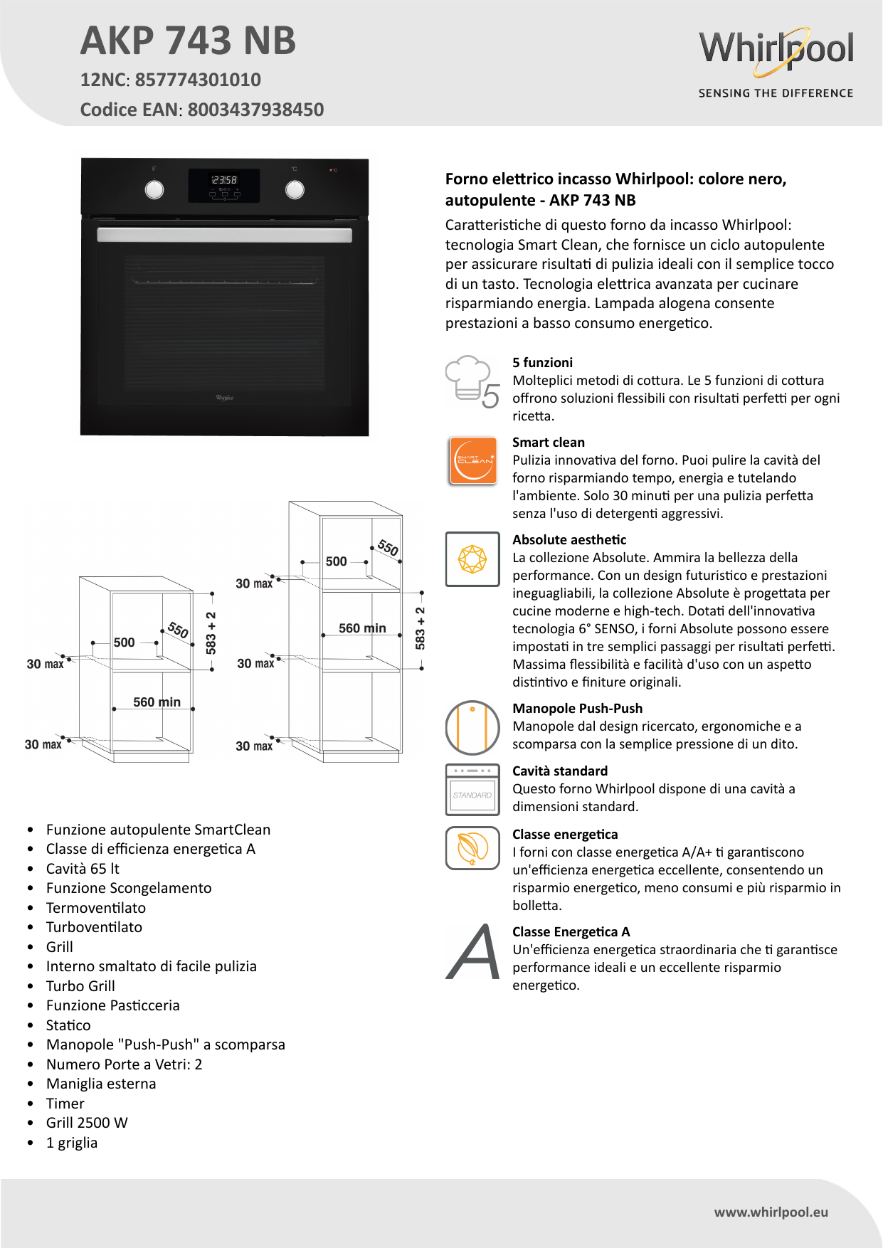 Whirlpool AKP 743 NB Oven Product Data Sheet | Manualzz