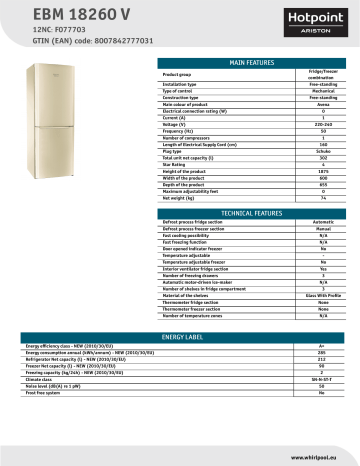 HOTPOINT/ARISTON EBM 18260 V Fridge/freezer combination Product Data Sheet | Manualzz