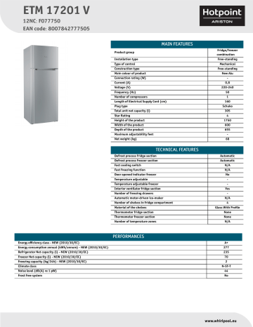 HOTPOINT/ARISTON ETM 17201 V Fridge/freezer combination Product Data Sheet | Manualzz
