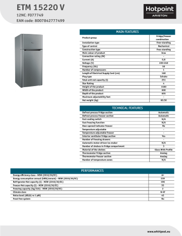 HOTPOINT/ARISTON ETM 15220 V Fridge/freezer combination Product Data Sheet | Manualzz