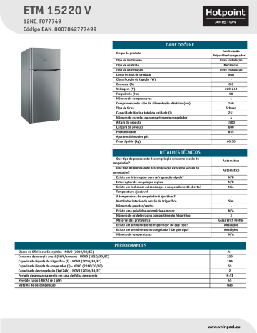 HOTPOINT/ARISTON ETM 15220 V Fridge/freezer combination Product Data Sheet | Manualzz