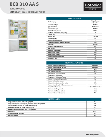 HOTPOINT/ARISTON BCB 310 AA S Fridge/freezer combination Product Data Sheet | Manualzz