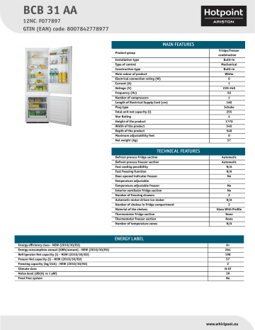 HOTPOINT/ARISTON BCB 31 AA Fridge/freezer combination Product Data Sheet | Manualzz