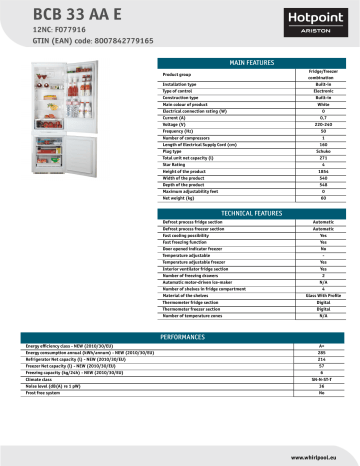 HOTPOINT/ARISTON BCB 33 AA E Fridge/freezer combination Product Data Sheet | Manualzz
