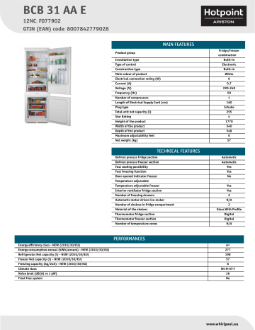 HOTPOINT/ARISTON BCB 31 AA E Fridge/freezer combination Product Data Sheet | Manualzz