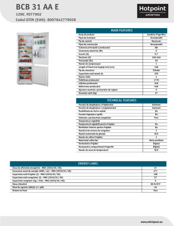 HOTPOINT/ARISTON BCB 31 AA E Fridge/freezer combination Product Data Sheet  | Manualzz