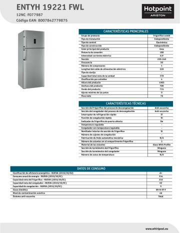HOTPOINT/ARISTON ENTYH 19221 FWL Fridge/freezer combination Product Data Sheet | Manualzz