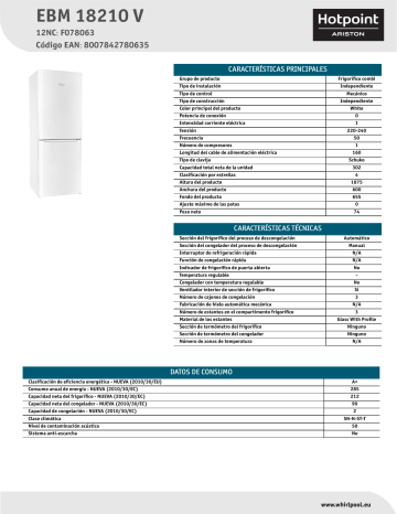 HOTPOINT/ARISTON EBM 18210 V Fridge/freezer combination Product Data Sheet | Manualzz