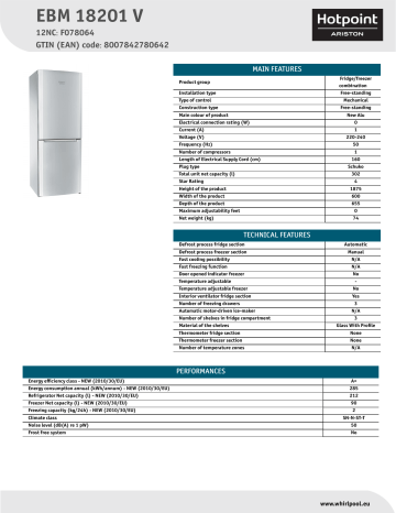 HOTPOINT/ARISTON EBM 18201 V Fridge/freezer combination Product Data Sheet | Manualzz