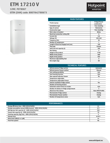 HOTPOINT/ARISTON ETM 17210 V Fridge/freezer combination Product Data Sheet | Manualzz
