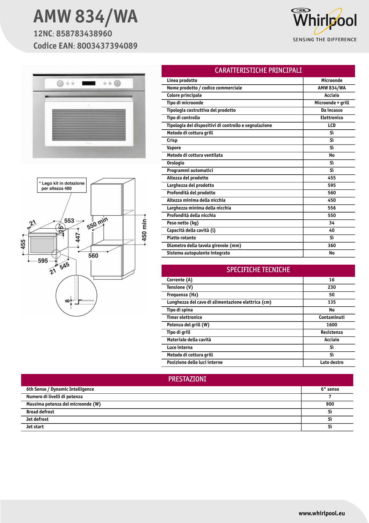 Whirlpool AMW 834/WA Microwave Product Data Sheet | Manualzz