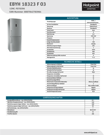 HOTPOINT/ARISTON EBYH 18323 F O3 Fridge/freezer combination Product Data Sheet | Manualzz