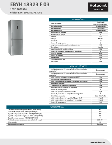 HOTPOINT/ARISTON EBYH 18323 F O3 Fridge/freezer combination Product Data Sheet | Manualzz