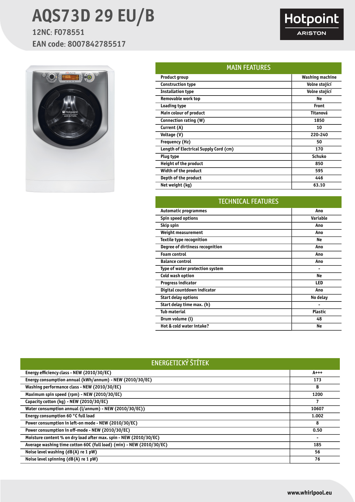 Whirlpool AQS73D 29 EU/B Product data sheet | Manualzz