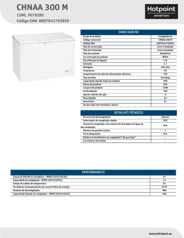 HOTPOINT/ARISTON CHNAA 300 M Freezer Product Data Sheet | Manualzz
