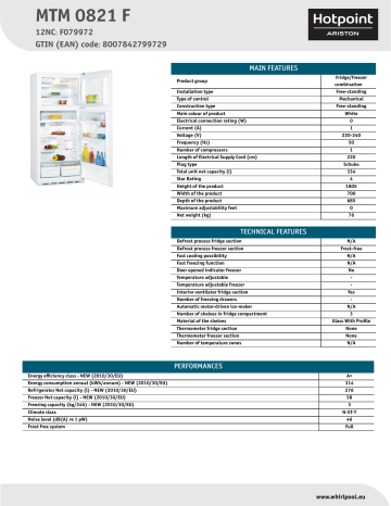 HOTPOINT/ARISTON MTM 0821 F Fridge/freezer combination Product Data Sheet | Manualzz